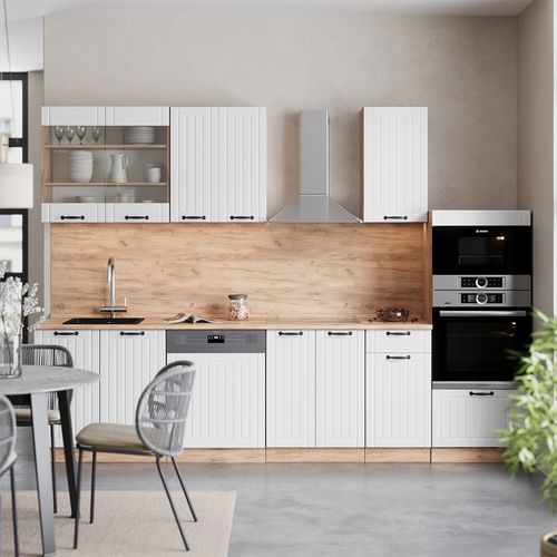 Cuisine Fame-line 57171 Blanc Campagne 300cm Avec Armoire Haute, Sans Pt