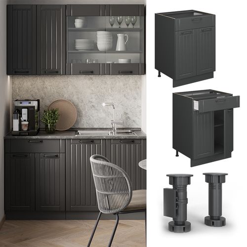 Meuble Cuisine Fame-line 57178 Gris Foncé 60cm Avec Tiroir, Sans Pt