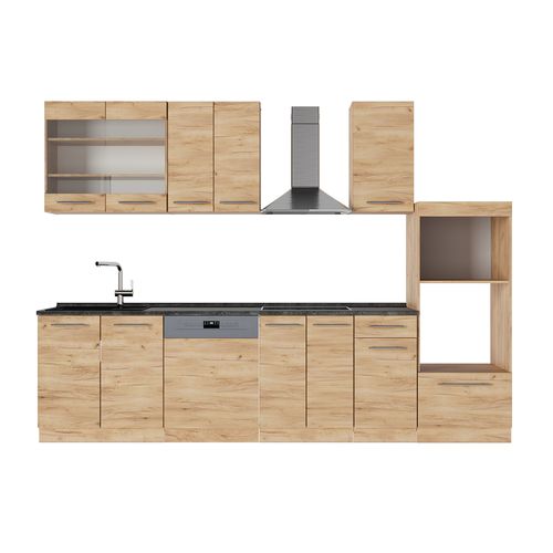 Cuisine Fame-line 57211 Chêne De Force Doré 300cm Avec Armoire Haute, Sans Pt