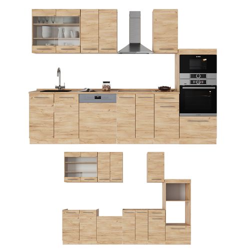 Cuisine Fame-line 57211 Chêne De Force Doré 300cm Avec Armoire Haute, Sans Pt