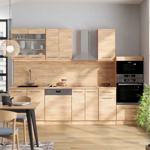 Cuisine Fame-line 57211 Chêne De Force Doré 300cm Avec Armoire Haute, Sans Pt