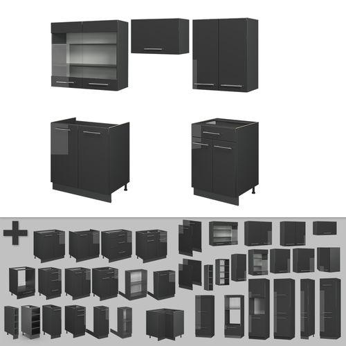 Cuisine Fame-line 57242 Anthracite Haute Brillance 200cm , Pt Chêne