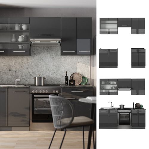 Cuisine Fame-line 57242 Anthracite Haute Brillance 200cm , Pt Chêne