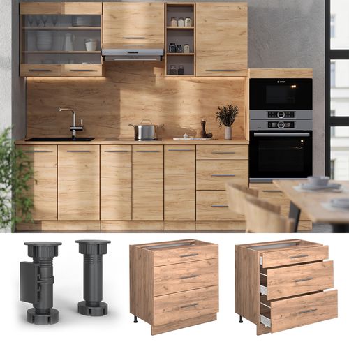 Meuble Cuisine Fame-line 57278 Chêne De Force Doré 80cm Avec 3 Tiroirs, Sans Pt