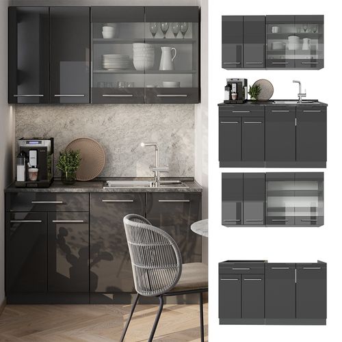 Cuisine Fame-line 57294 Anthracite Haute Brillance 140cm , Pt Chêne