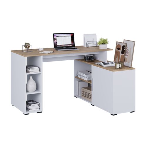 Bureau Dangle Rudy 57324 Blanc/artisan 135x110cm Avec Des Étagères