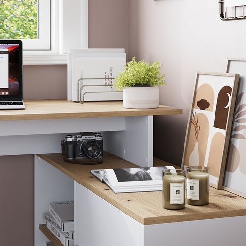 Bureau Dangle Rudy 57324 Blanc/artisan 135x110cm Avec Des Étagères