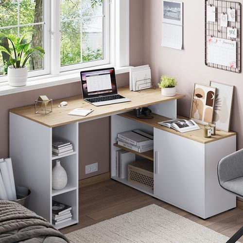 Bureau Dangle Rudy 57324 Blanc/artisan 135x110cm Avec Des Étagères