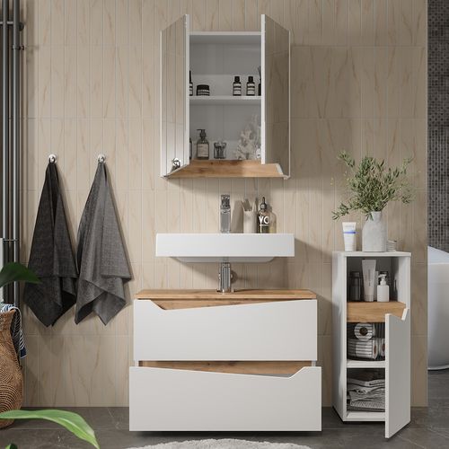 Meubles Bain Marelle 57517 Blanc 3 Parties Avec Armoire Midi