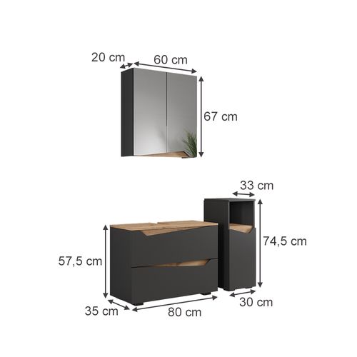 Meubles Bain Marelle 57521 Anthracite 3 Parties Avec Armoire Midi