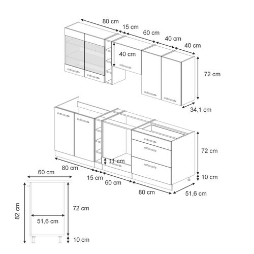 Cuisine Fame-line 57544 Gris Foncé 235cm , Pt Chêne