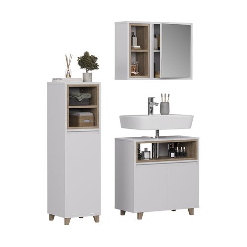 Meubles Bain Elnor 57560 Blanc/chêne 3 Parties Avec Armoire Midi