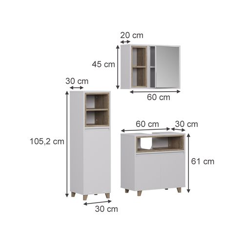 Meubles Bain Elnor 57560 Blanc/chêne 3 Parties Avec Armoire Midi
