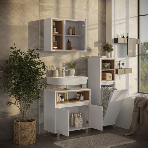 Meubles Bain Elnor 57560 Blanc/chêne 3 Parties Avec Armoire Midi