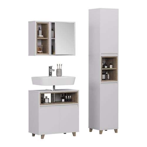 Meubles Bain Elnor 57561 Blanc/chêne 3 Parties Avec Meuble Haut
