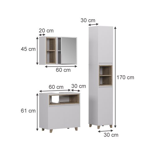 Meubles Bain Elnor 57561 Blanc/chêne 3 Parties Avec Meuble Haut