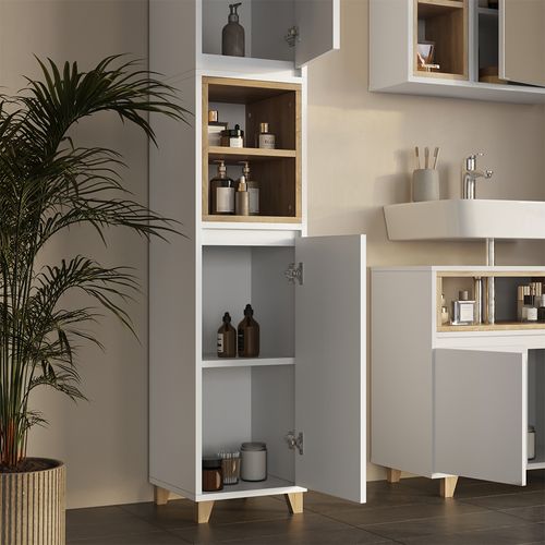 Meubles Bain Elnor 57561 Blanc/chêne 3 Parties Avec Meuble Haut