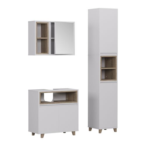 Meubles Bain Elnor 57561 Blanc/chêne 3 Parties Avec Meuble Haut