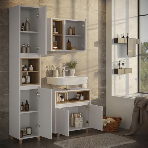 Meubles Bain Elnor 57561 Blanc/chêne 3 Parties Avec Meuble Haut