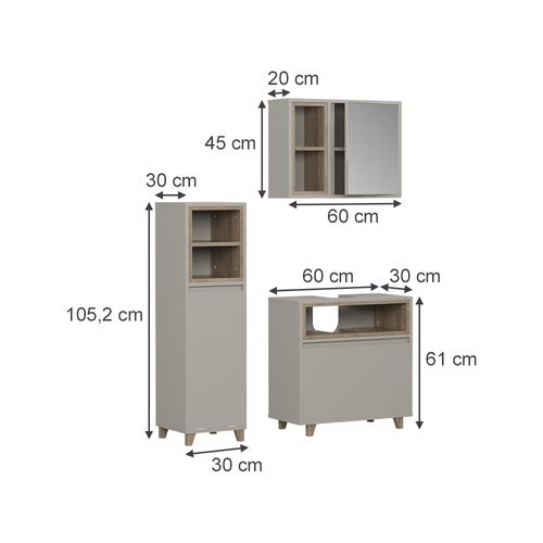 Meubles Bain Elnor 57564 Grège 3 Parties Avec Armoire Midi
