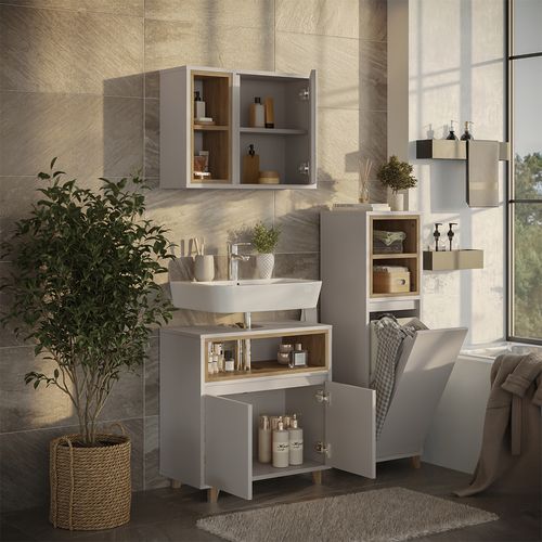 Meubles Bain Elnor 57564 Grège 3 Parties Avec Armoire Midi