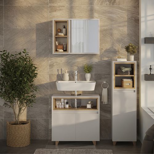 Meubles Bain Elnor 57564 Grège 3 Parties Avec Armoire Midi