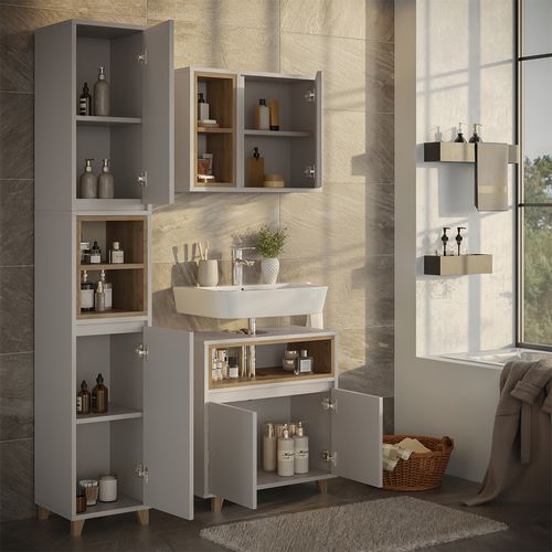 Meubles Bain Elnor 57565 Grège 3 Parties Avec Meuble Haut