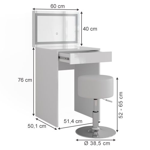 Coiffeuse Sherry 57673 Blanc/blanc Brillant 51.4cm Avec Miroir LED Et Tabouret