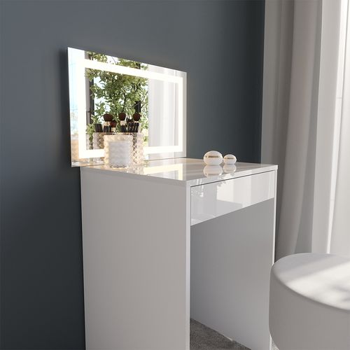 Coiffeuse Sherry 57673 Blanc/blanc Brillant 51.4cm Avec Miroir LED Et Tabouret