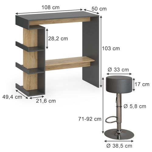 Set De Table De Bar Dana 57743 Anthracite/chêne Doré 108x50cm Avec 2 Tabourets De Bar