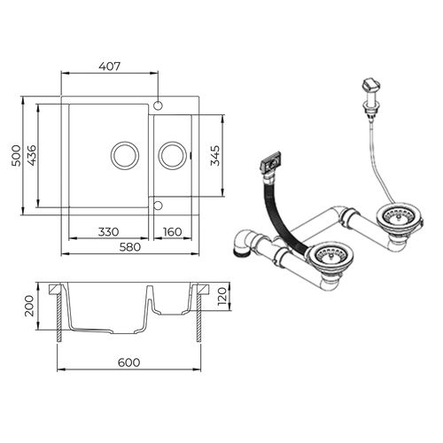 Evier Prag 57778 Noir 58x50cm Avec 2 Éviers