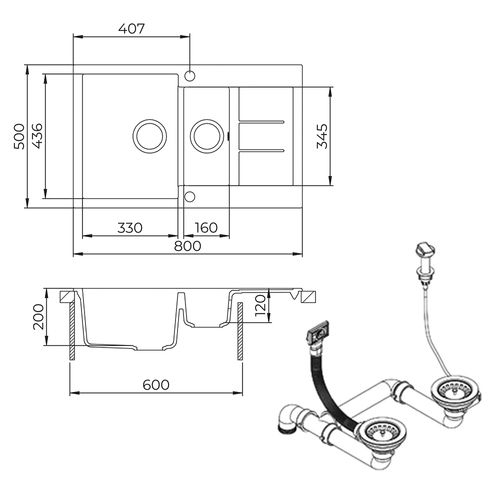 Evier Seattle 57784 Blanc 80x50cm Avec 2 Éviers Et Espace De Séchage