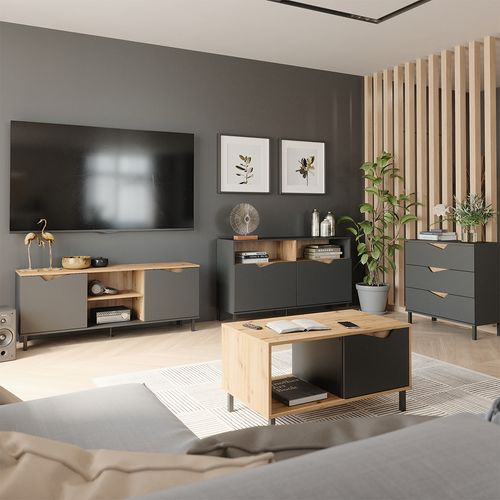 Table Basse Marelle, Anthracite/artisan, 90x50cm Avec 1 Porte