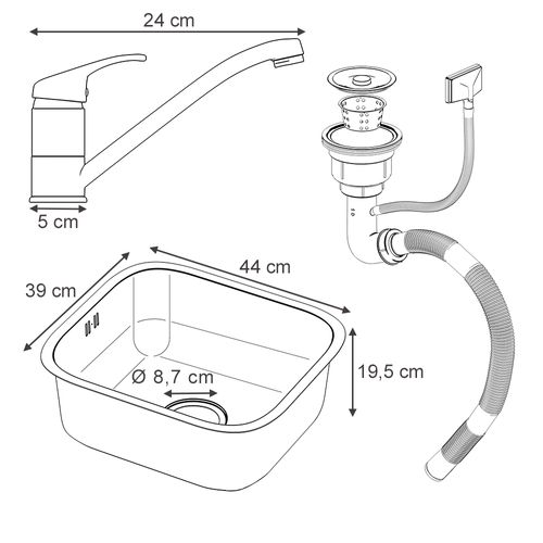 Évier Flova, Acier, 39x44cm Set Avec Robinetterie, Arrivée Et Écoulement