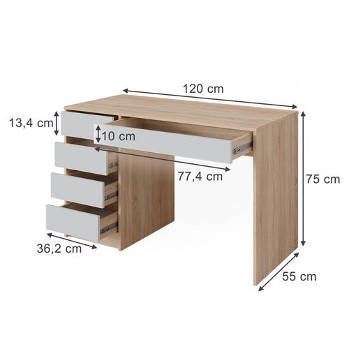 Bureau Sherry 57916 Sonoma/blanc 55x120cm Avec Tiroirs