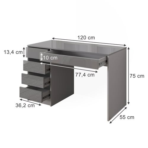 Bureau Sherry 57918 Gris Haute Brillance 55x120cm Avec Tiroirs