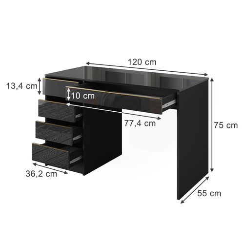 Bureau Sherry 57921 Noir Haute Brillance 55x120cm Avec Tiroirs