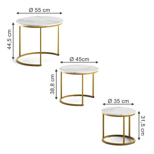 Set De Tables Basses Montreal 57935 Blanc/or 55x55cm 3 Pièces