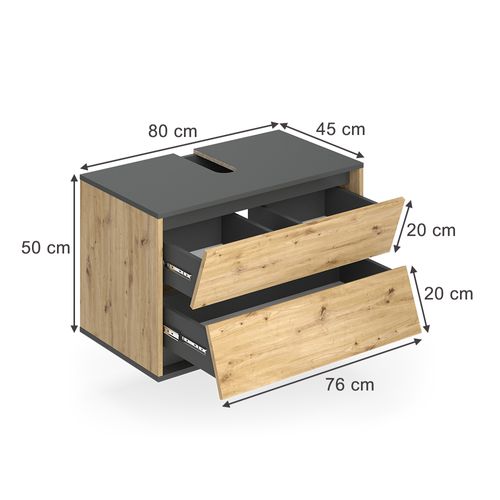 Meuble Sous Vasque Simple Edelin, Anthracite/artisan, 80x50cm Avec 2 Tiroirs