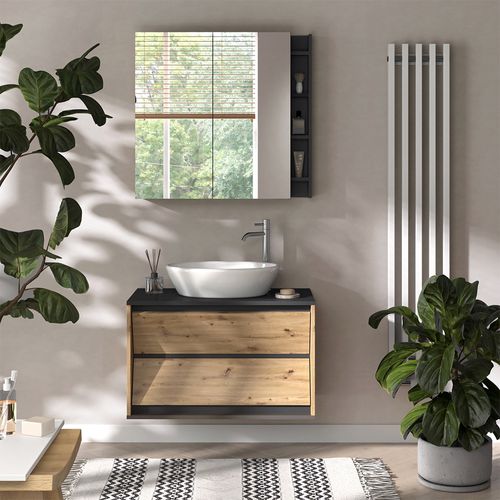 Meuble Sous Vasque Simple Edelin, Anthracite/artisan, 80x50cm Avec 2 Tiroirs