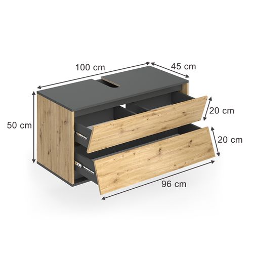 Meuble Sous Vasque Simple Edelin, Anthracite/artisan, 100x50cm Avec 2 Tiroirs
