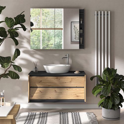 Meuble Sous Vasque Simple Edelin, Anthracite/artisan, 100x50cm Avec 2 Tiroirs