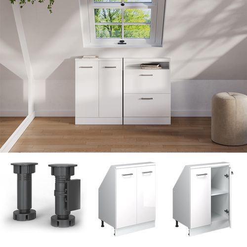 Meuble Sous Pente R-line 58051 Blanc Haute Brillance 60cm Avec 2 Portes