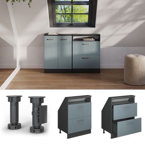 Meuble Sous Pente R-line 58217 Bleu-gris 60cm Avec 2 Tiroirs