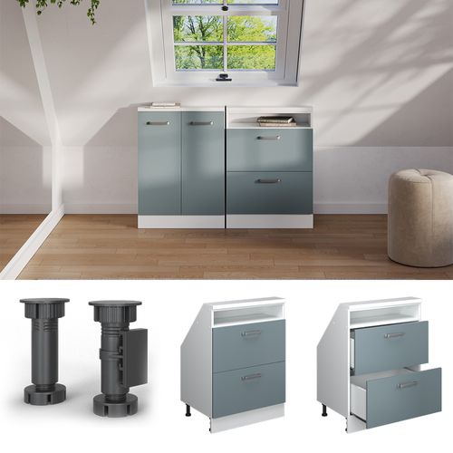 Meuble Sous Pente R-line 58243 Bleu-gris 60cm Avec 2 Tiroirs