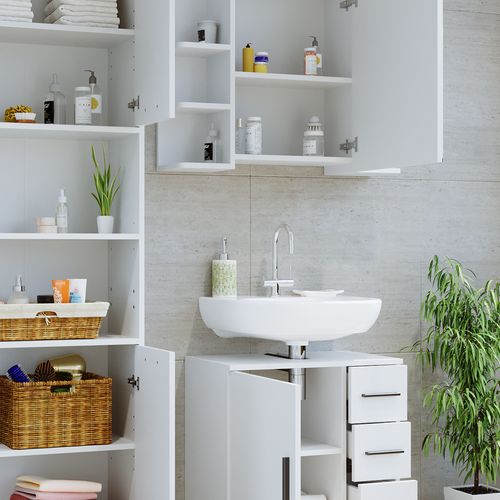 Meubles Bain Maris 41634 Blanc 2 Pièces, Avec Armoire Haute Et Meuble Sous-lavabo
