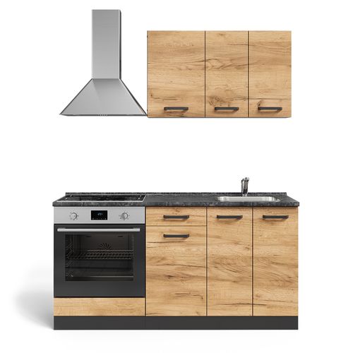 Cuisine R-line 58309 Chêne Doré/anthracite 160cm Avec Meuble Four Encastrable Avec Plan De Travail