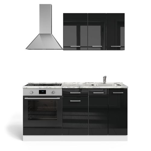 Cuisine R-line 58314 Noir Brillant/blanc 160cm Avec Meuble Four Encastrable Avec Plan De Travail