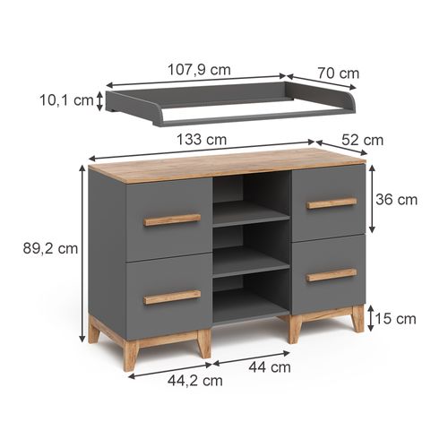 Table à Langer Malia 58350 Gris/artisan 133x98cm XL Avec 4 Tiroirs
