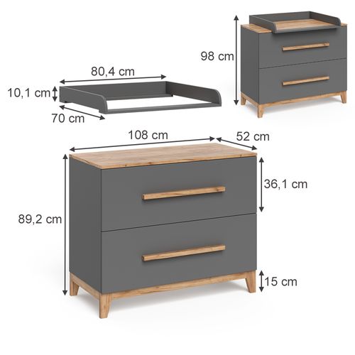 Table à Langer Malia 58353 Gris/artisan 108x98cm Avec Matelas à Langer